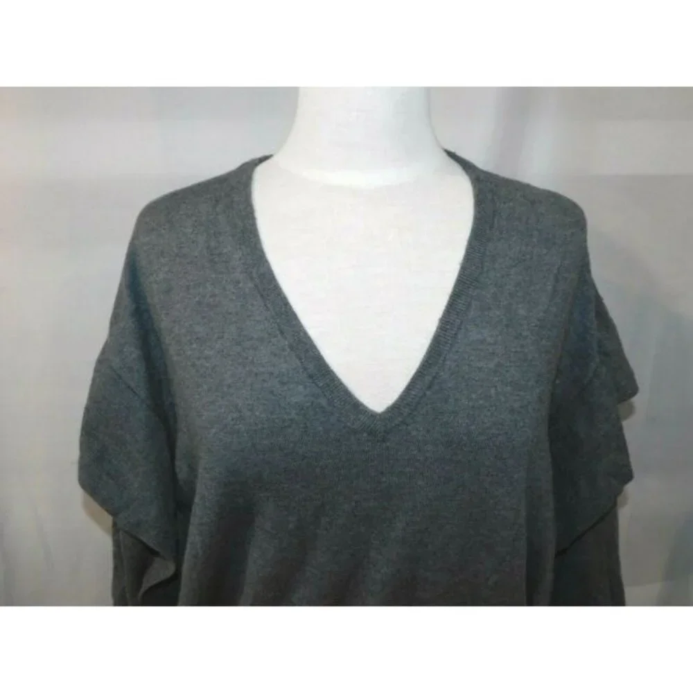 Zara Womens Oversized Gray Flounce Ruffle Detail Sweater V Neck M - Picture 2 of 7